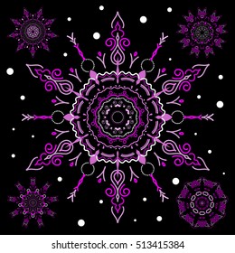 Vector Christmas Stylized violet Snowflakes Set on a Black Background.