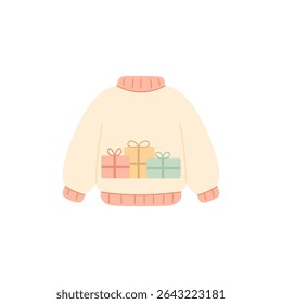 vector Christmas sweater with colorful gift boxes in flat minimal style for textile or wrapping design