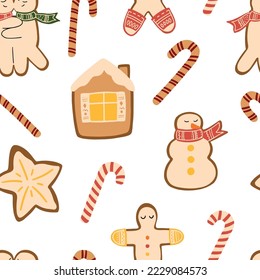 Vector Christmas sweet candy canes, snowman and gingerbread seamless pattern. Hand painted new year sweets illustration. Cozy cute flat premade wallpaper, wrapping paper, background texture