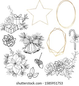 Vector Christmas symbols linear set. Hand painted poinsettia, roses, gift boxes, golden frames and bells isolated on white background. Holiday line art illustration for design, fabric or background.