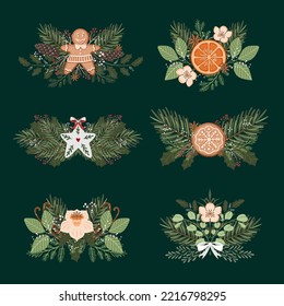 Vector Christmas symmetry arrangement with holiday decoration and winter botany 