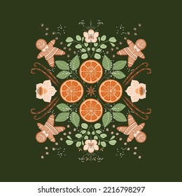 Vector Christmas symmetry illustration with holiday decoration, winter botany and spices