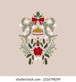 Vector Christmas symmetry illustration with holiday decorations and winter botany