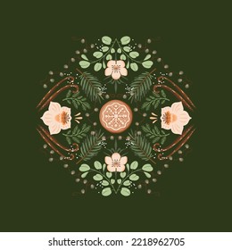 Vector Christmas symmetry illustration with holiday decoration, winter botany and spices