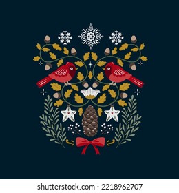 Vector Christmas symmetry illustration with holiday decorations and winter botany