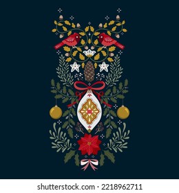 Vector Christmas symmetry illustration with holiday decorations and winter botany