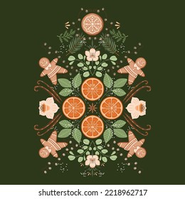 Vector Christmas symmetry illustration with holiday decoration, winter botany and spices