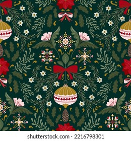 Vector Christmas symmetry seamless pattern with Christmas decorations and  winter botany