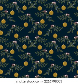 Vector Christmas symmetry seamless pattern with Christmas decorations and  winter botany