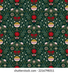 Vector Christmas symmetry seamless pattern with Christmas decorations and  winter botany