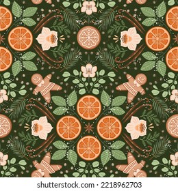 Vector Christmas symmetry seamless pattern with winter food, botanical and spices 