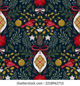 Vector Christmas symmetry seamless pattern with Christmas decorations and  winter botany