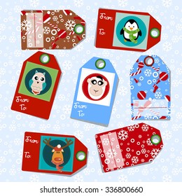 Vector Christmas tags with deer, penguin, monkey. snowballs. snow and text for your gifts
