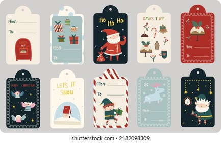 vector Christmas tags and labels for New Years gifts with Santa ,Elves, Christmas sweets, angels, gifts, reindeer, mailbox