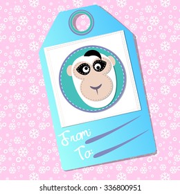 Vector Christmas tags with monkey, snowballs. snow and text for your gifts