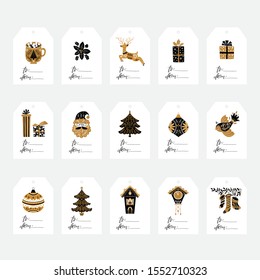 Vector Christmas tags with season cliparts in scandinavian style. Holiday tree, gift, reindeer, socks, cute Christmas decorations. Scrapbooking, infographics.