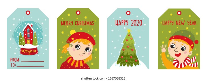 Vector Christmas tags set with hand drawn design elements. Vector illustration. A Snow globe, a christmas tree, a girl and a boy
