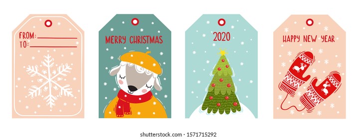 Vector Christmas tags set with hand drawn design elements. Vector illustration. A cute sheep, a christmas tree, knitted mittens, a snowflake