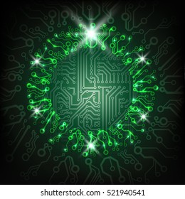 Vector Christmas Technology Background. Circuit Board Green Wreath.