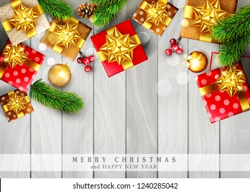 Vector  Christmas template with decorations branches ate cones  and gift boxes on the grey wooden background. Design element for advertising banners,posters,cards