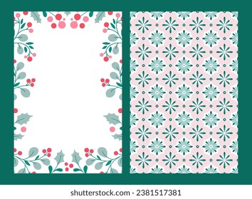 Vector christmas template. Floral pattern with branches and berries. Holiday letter. Place for text. Winter background