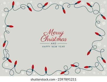 Vector Christmas template frame card with Christmas lights and snowflakes. Text: Merry Christmas and Happy New Year.