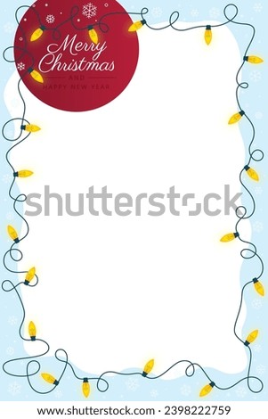 Vector Christmas template frame card with yellow Christmas lights and snowflakes. Text: Merry Christmas and Happy New Year. Size 2:3 (4:6). Transparent background. 