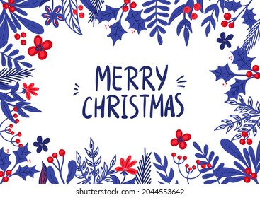 Vector plantilla de Navidad para tarjetas de felicitación e invitaciones con ramitas Holly, hojas y la inscripción Feliz Navidad en colores azul y rojo en un estilo plano.