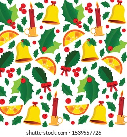 Vector Christmas template with the image of mistletoe leaves, candles and bell.