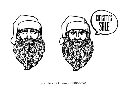 Vector Christmas template  with Santa. Holiday sale background and design banner, invitation. Vector illustration with hand-drawn xmas graphic.