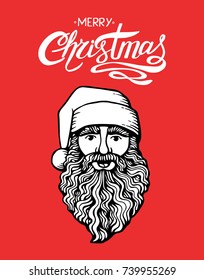 Vector Christmas template  with Santa and lettering. Holiday background and design banner, invitation. Vector illustration with hand-drawn xmas graphic.