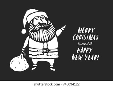 Vector Christmas template  with Santa and lettering. Holiday background and design banner, invitation. Vector illustration with hand-drawn xmas graphic.