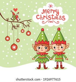 Vector Christmas theme card with cute elves. Santaclaus helpers in cartoon style.