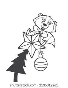 Vector Christmas theme. Funny little raccoon sitting on Christmas tree with star. Holding bulb. Isolated on white background.