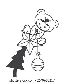 Vector Christmas theme. Funny little baby in a teddy bear costume sitting on Christmas tree with star. Holding bulb. Isolated on white background.