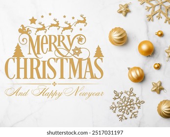 vector of christmas theme, greetings for christmas and newyear with several ornament on top of marble pattern background.