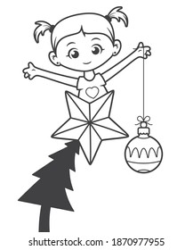 Vector Christmas theme. Little girl on Christmas tree with star. Holding bulb. Isolated on white background.