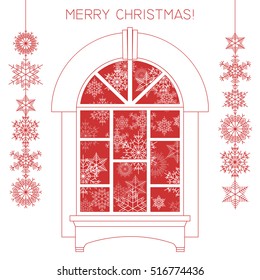 Vector Christmas thin line card. The old arched window on a white background with red snowflakes on the outside and the inside.