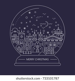 Vector Christmas Thin Line Illustration. An Ancient Winter Night Town Inside A Snow Globe.