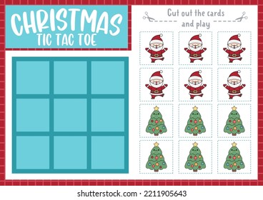 Vector Christmas tic tac toe chart with Santa Claus and fir tree. New Year board game playing field with cute kawaii characters. Funny winter holiday printable worksheet. Noughts and crosses grid 
