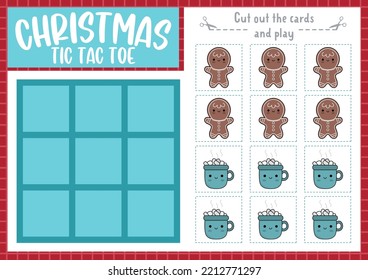 Vector Christmas tic tac toe chart with gingerbread and hot cacao. New Year board game playing field with cute kawaii characters. Funny winter holiday printable worksheet. Noughts and crosses grid 
