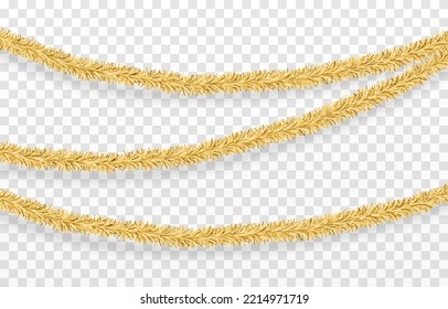 Vector Christmas Tinsel. Gold Tinsel Png, Gold Garland, Decor Element. Christmas, Holiday.