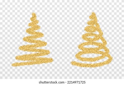 Vector Christmas Tinsel. Gold Tinsel Png, Gold Garland Png, Decor Element. Tinsel In The Shape Of A Christmas Tree. Christmas Holiday.