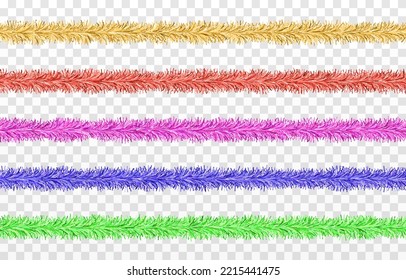 Vector Christmas Tinsel. Multicolored Tinsel Png, Golden Garland, Decor Element. Holiday Christmas.