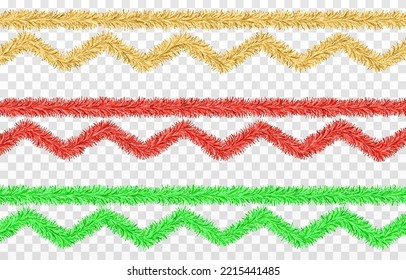 Vector Christmas Tinsel. Multicolored Tinsel Png, Golden Garland, Decor Element. Holiday Christmas.