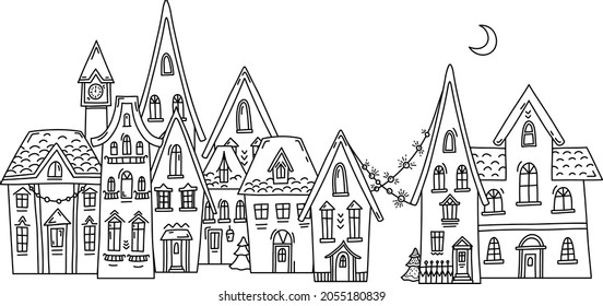 Vector Christmas town on a white background. Christmas coloring book with houses. Illustration for postcards, posters, books, covers, party decoration, wrapping paper, textiles. Vector street