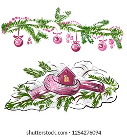 Vector. Christmas Toy house is wrapped in a warm scarf, it's snowing.on a natural natural background of a real fir in the snow, toned. Concept of winter, Christmas, new year