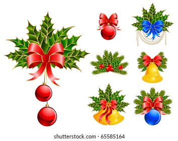 Vector christmas toys with balls, balls and bow on a white background