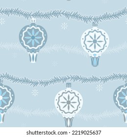 Vector Christmas Traditional Ornaments on Christmas Tree in Blue seamless pattern background. Perfect for fabric, scrapbooking and interior design projects.