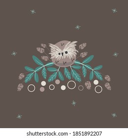 Vector Christmas tree arrangement with cute little owl in neutral natural colors perfect print for kids textile, clothes, wallpaper, decor in eco style